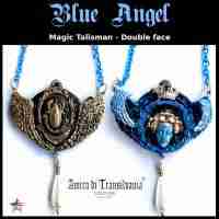 Talisman Amulet Blue Angel Queen Crown Rhinestone Scarab Necklace Pendant Wings