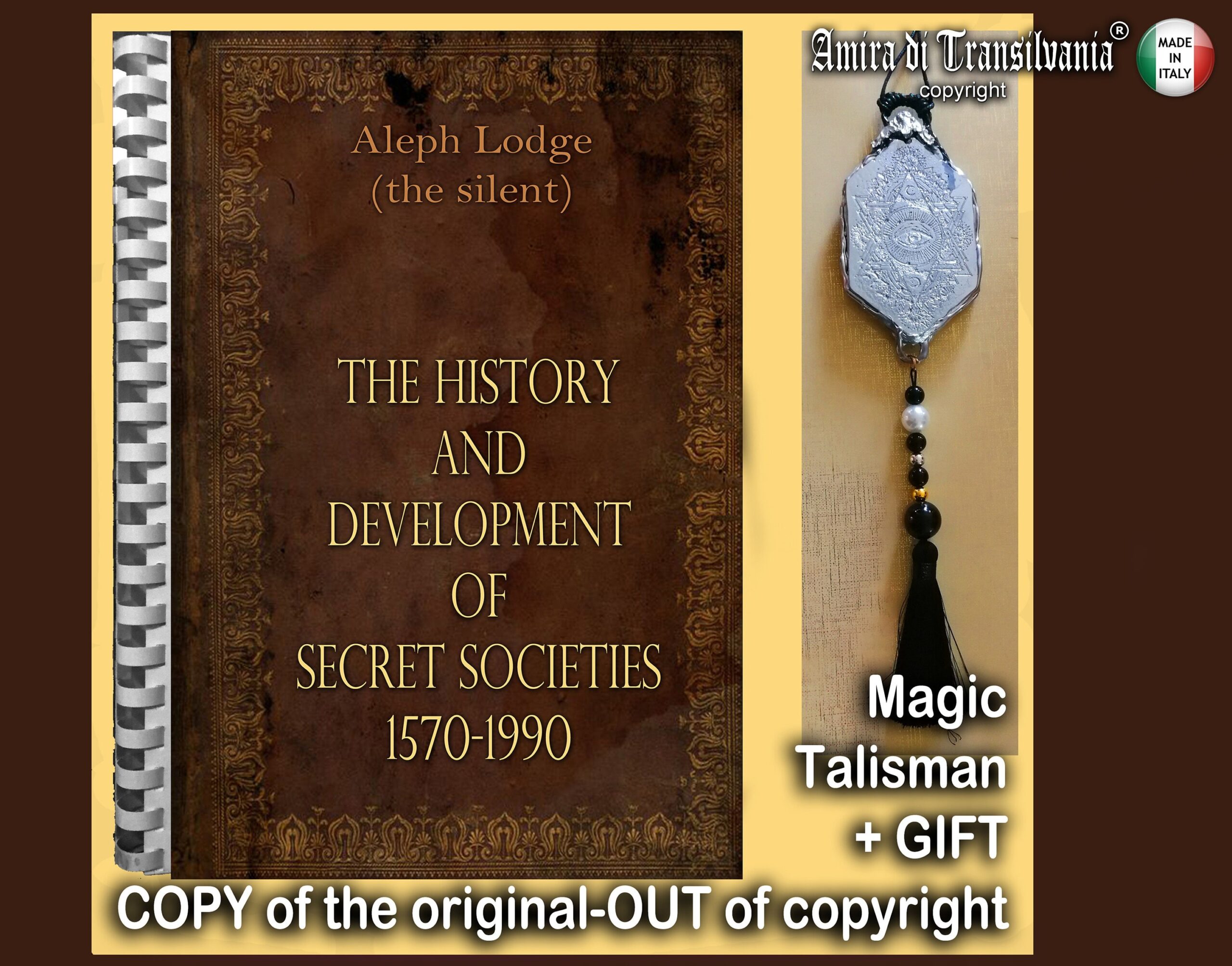 A brown rectangular graphic with ornate borders and text next to an engraved metal talisman hanging with beads and a black tassel.