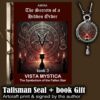 A book cover with text and a central pentagram illustration, accompanied by a hanging round pendant talisman and a 'MADE IN ITALY' sticker.