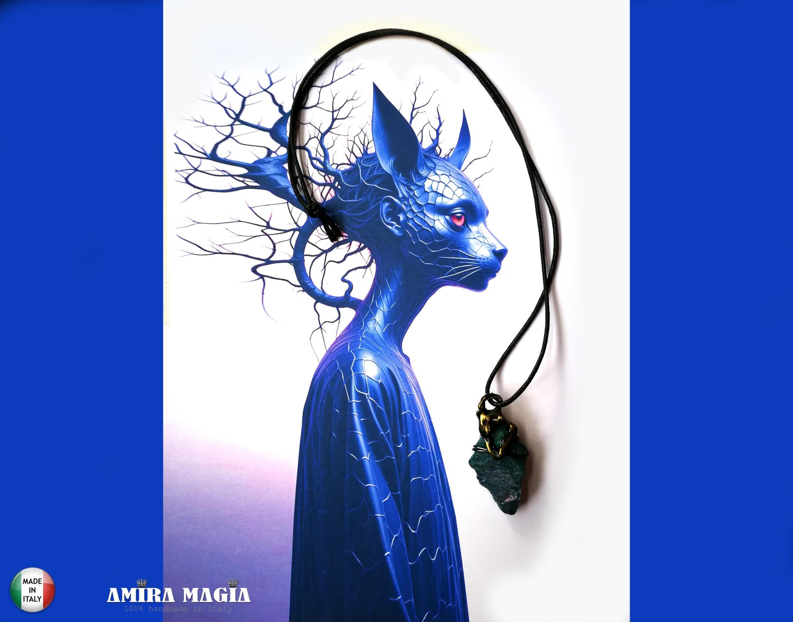 Witch Familiar, Blue Cat Ancient Spirit Companion, Uncut Gemstone Pendant Witchcraft Raw Stone Amulet