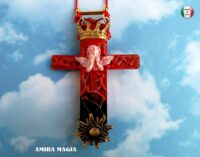 Guardian Angel Pendant, Red Cross Necklace, Royal Crown Magic Talisman Religious Symbol, Esoteric Amulet Sunburst Charm