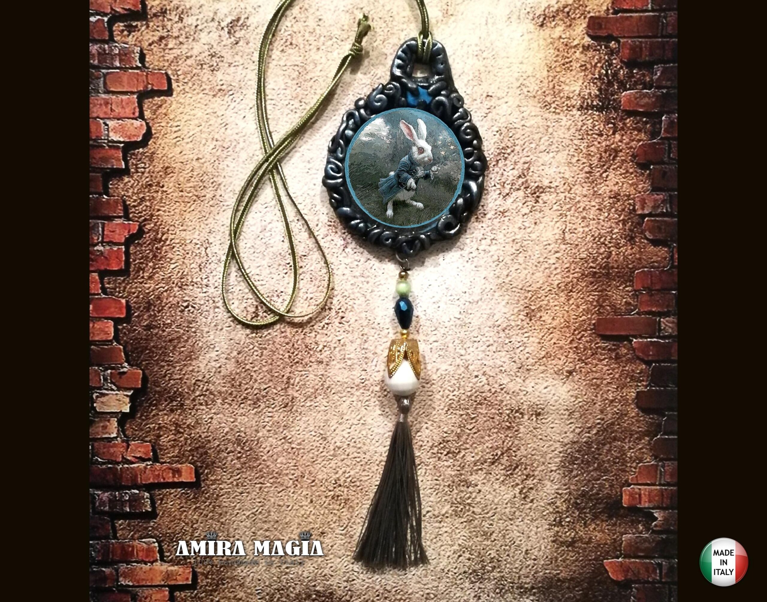 Alice in Wonderland, White Rabbit Clock Jewelry, Good Luck Talisman, Success Lucky Amulet Pendant