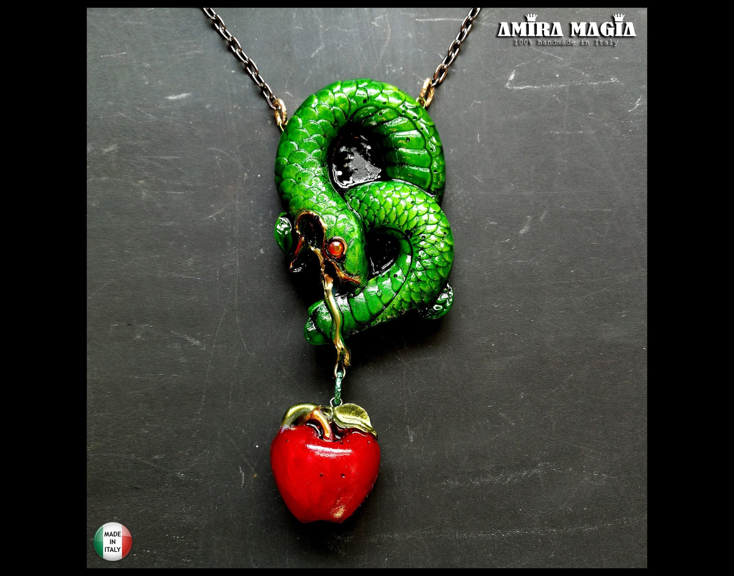 Green Snake, Red Apple Love Attraction Amulet Lucky Charm Spiritual Occult Jewelry Energy Pendant