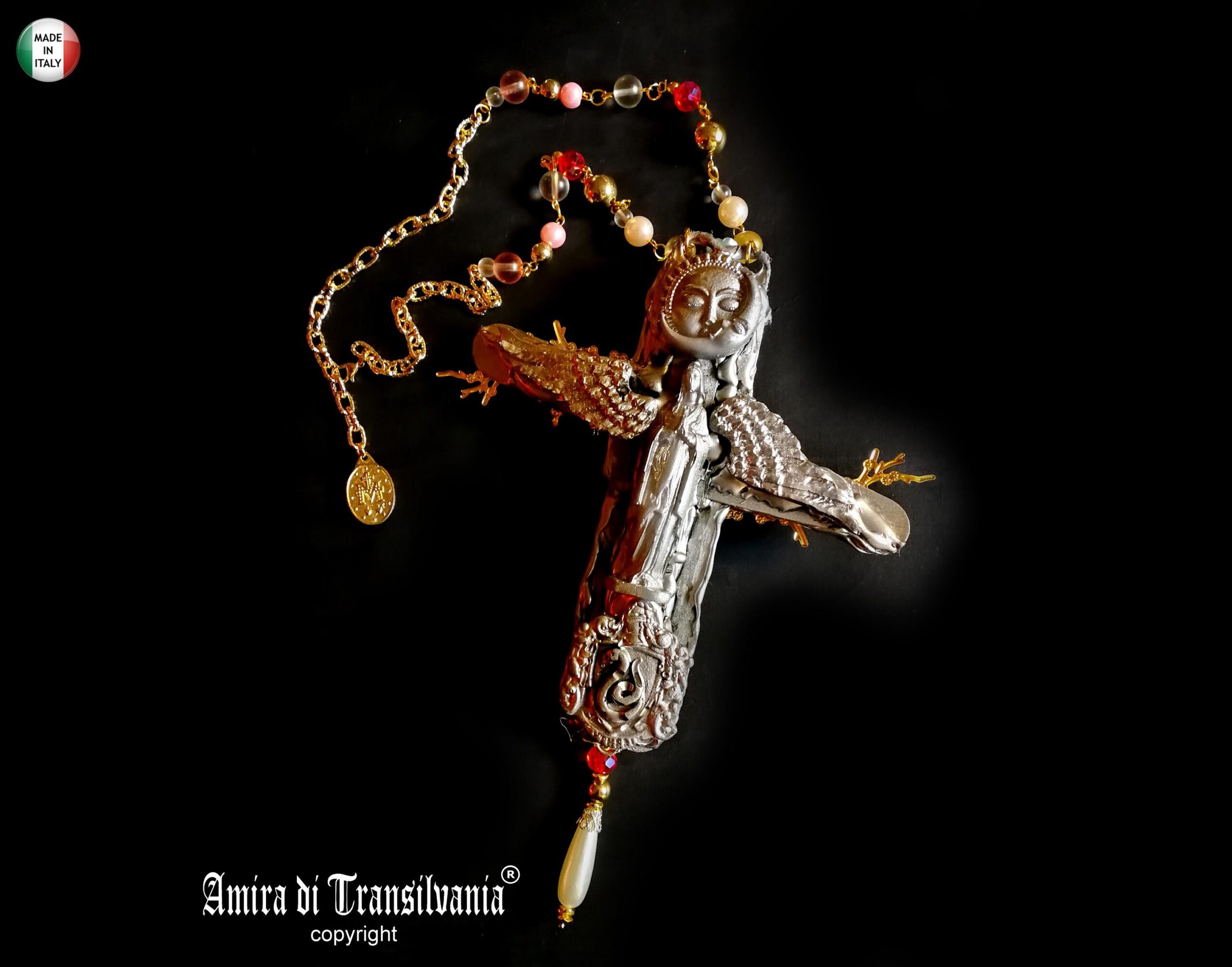 Alchemy Cross Pendant, Sun & Moon Amulet Necklace, Magic Talisman Religious Symbol, Esoteric Jewelry Madonna