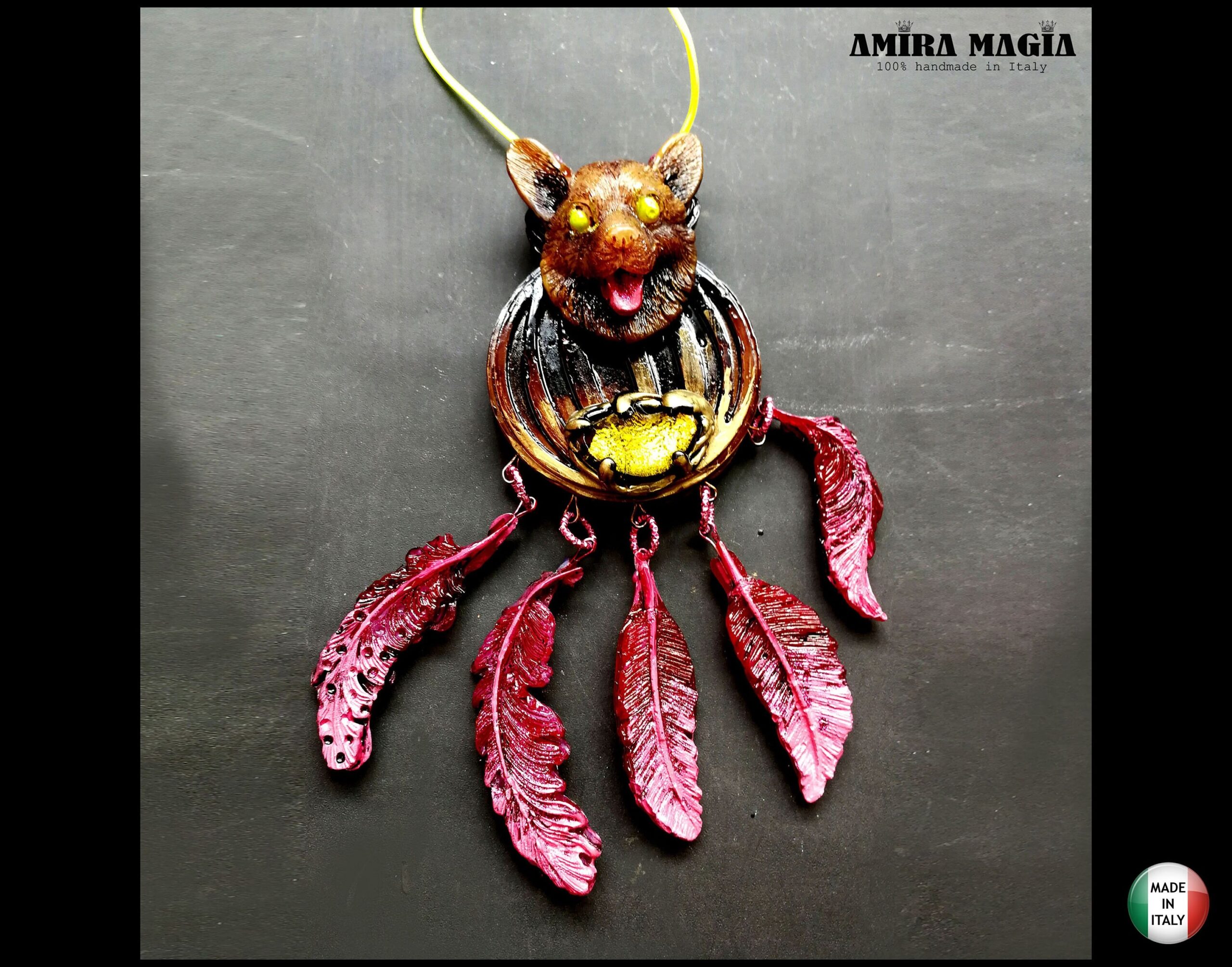 Dream Catcher Necklace Talisman, Evil Eye Protection Brown Bear Pendant, Spirit Guide Native American Amulet Shaman Drum