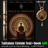 A black book titled MYSTICAL ASTROLOGY featuring a meditating figure illustration, alongside a matching round pendant and bottom promotional text.