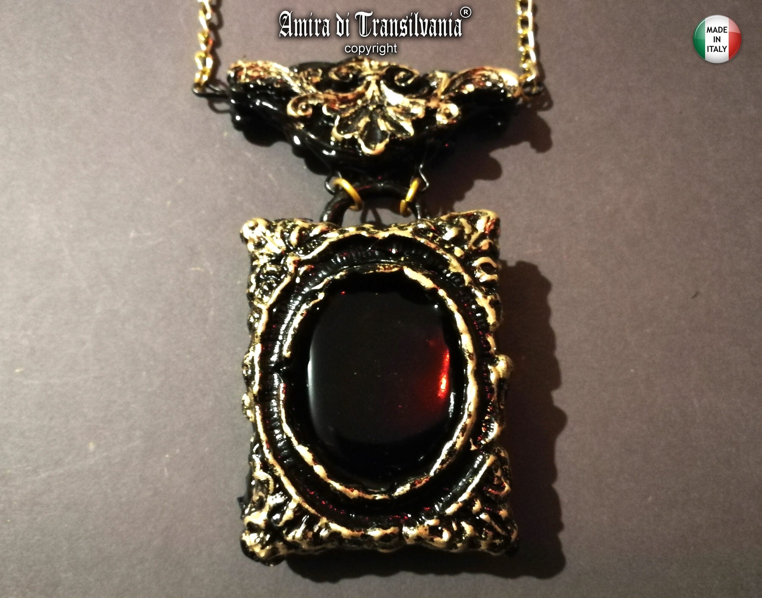 Black Mirror, Woman Necklace Lariat Layered Jewelry, Goth Jewel Antique Style, Victorian Gothic Witch Talisman Pendant
