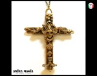 Witchcraft Symbols Magic Talisman, Gold Cross Necklace Amulet, Shamanic Pendant Witch Jewelry Wooden Crux