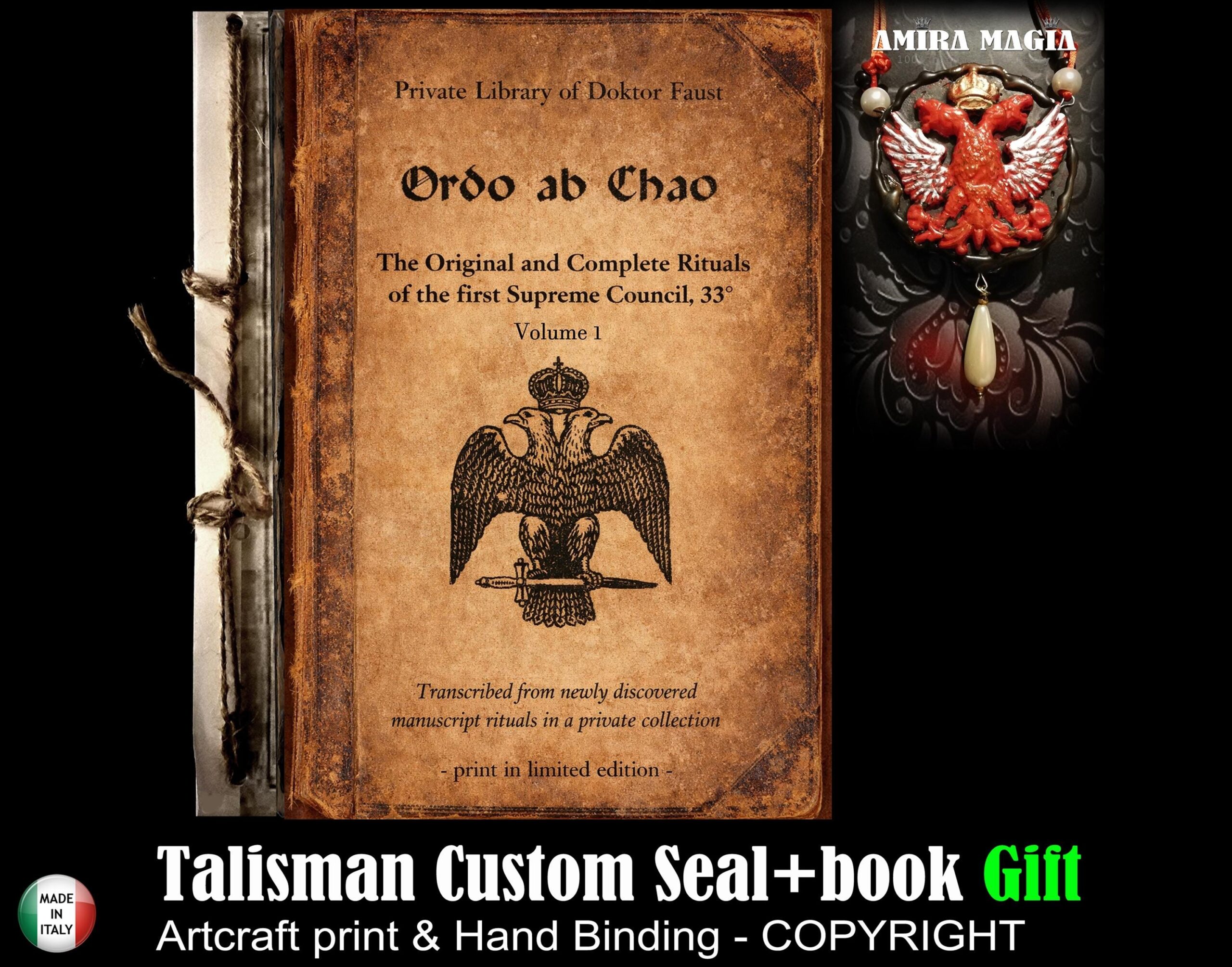 A distressed brown book titled Ordo ab Chao with a double-headed eagle seal, accompanied by a red eagle pendant inset and bottom text labels.