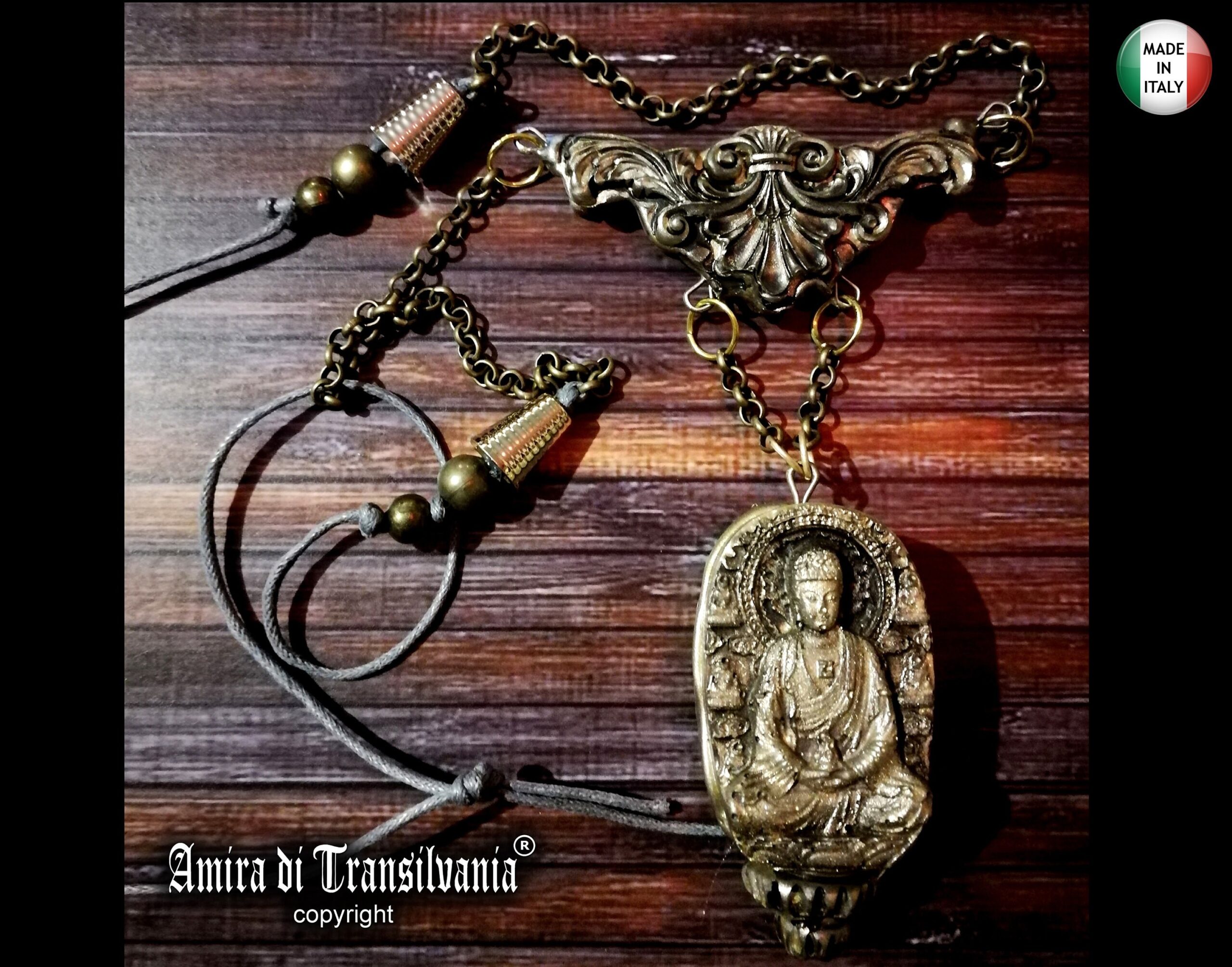Buddhist Necklace Talisman Pendant, Ethnic Oriental Jewelry Buddha Prayer Amulet, Asian Magic Charm Hinduist Brahma Yoga