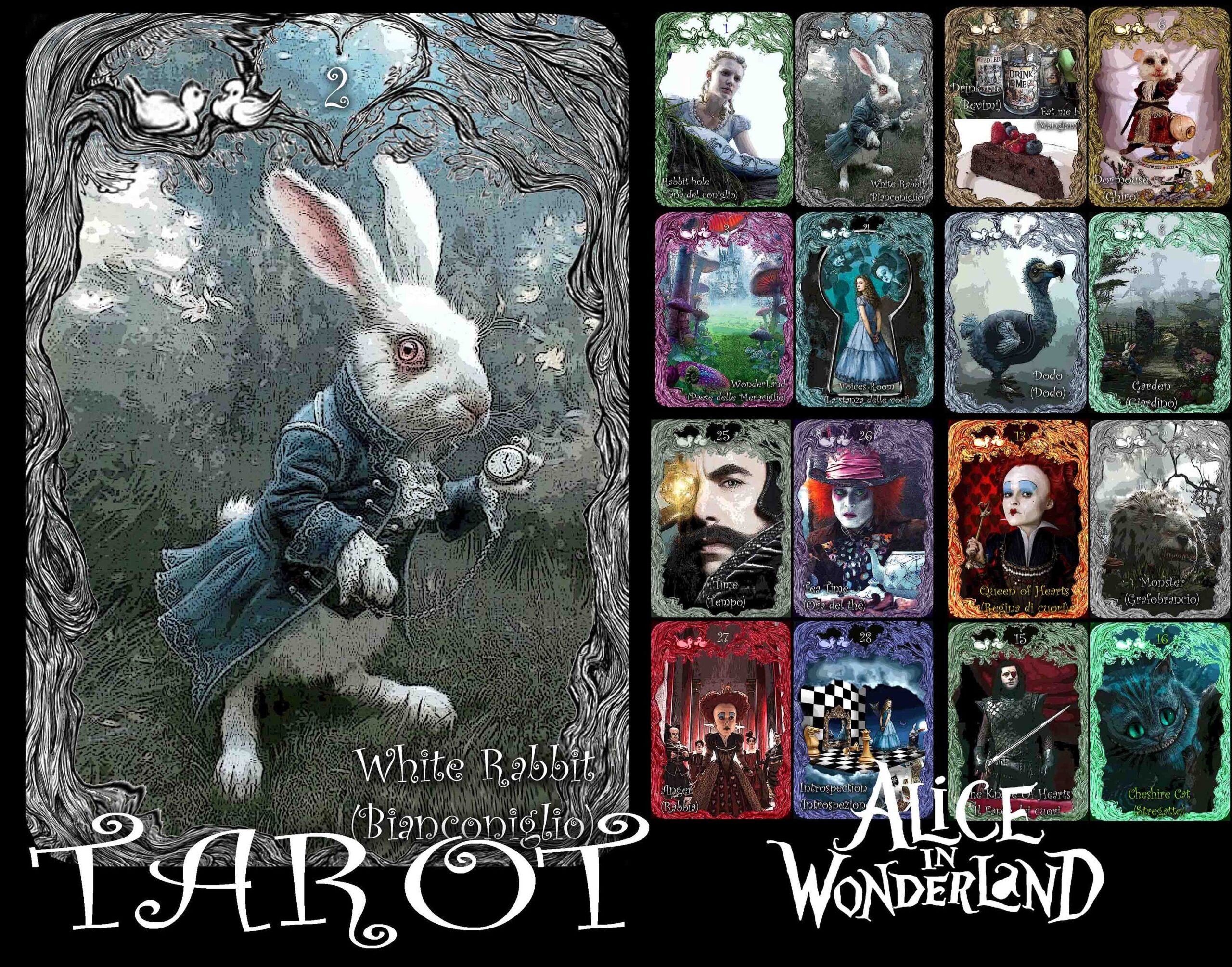 Alice in the Wonderland Tarot, White Rabbit with Cheshire Cat, Queen of Hearts and White Queen, Mad Hatter Dodo Dormouse