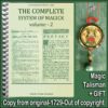 A composite view displays vintage book pages with text reading 'THE COMPLETE SYSTEM OF MAGICK volume - 2' beside a hanging round talisman and round badge reading 'MADE IN ITALY'.