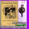 A spiral-bound booklet titled "How to Read People's Minds" next to a textured pendant on a purple cord, with text "Magic Talisman + book GIFT" below.
