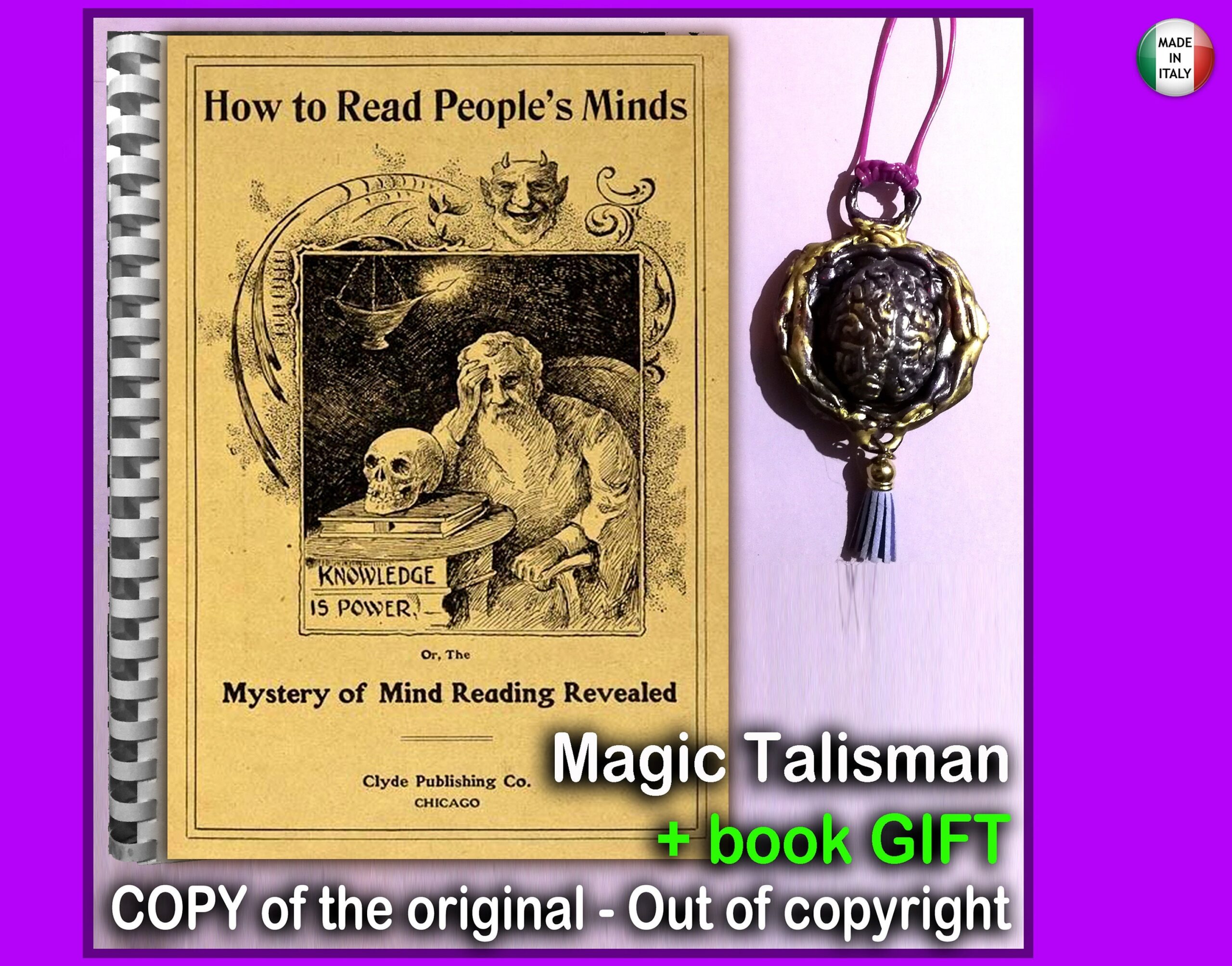 A spiral-bound booklet titled "How to Read People's Minds" next to a textured pendant on a purple cord, with text "Magic Talisman + book GIFT" below.