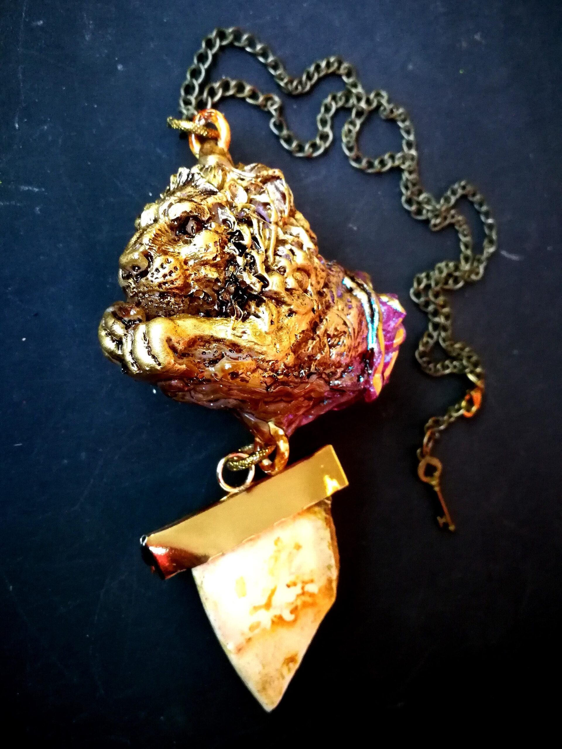 Golden Lion Amulet , Dandelion Rock Uncut Gemstone Pendant, Dantalion Magic Portal Raw Stone Magnetism
