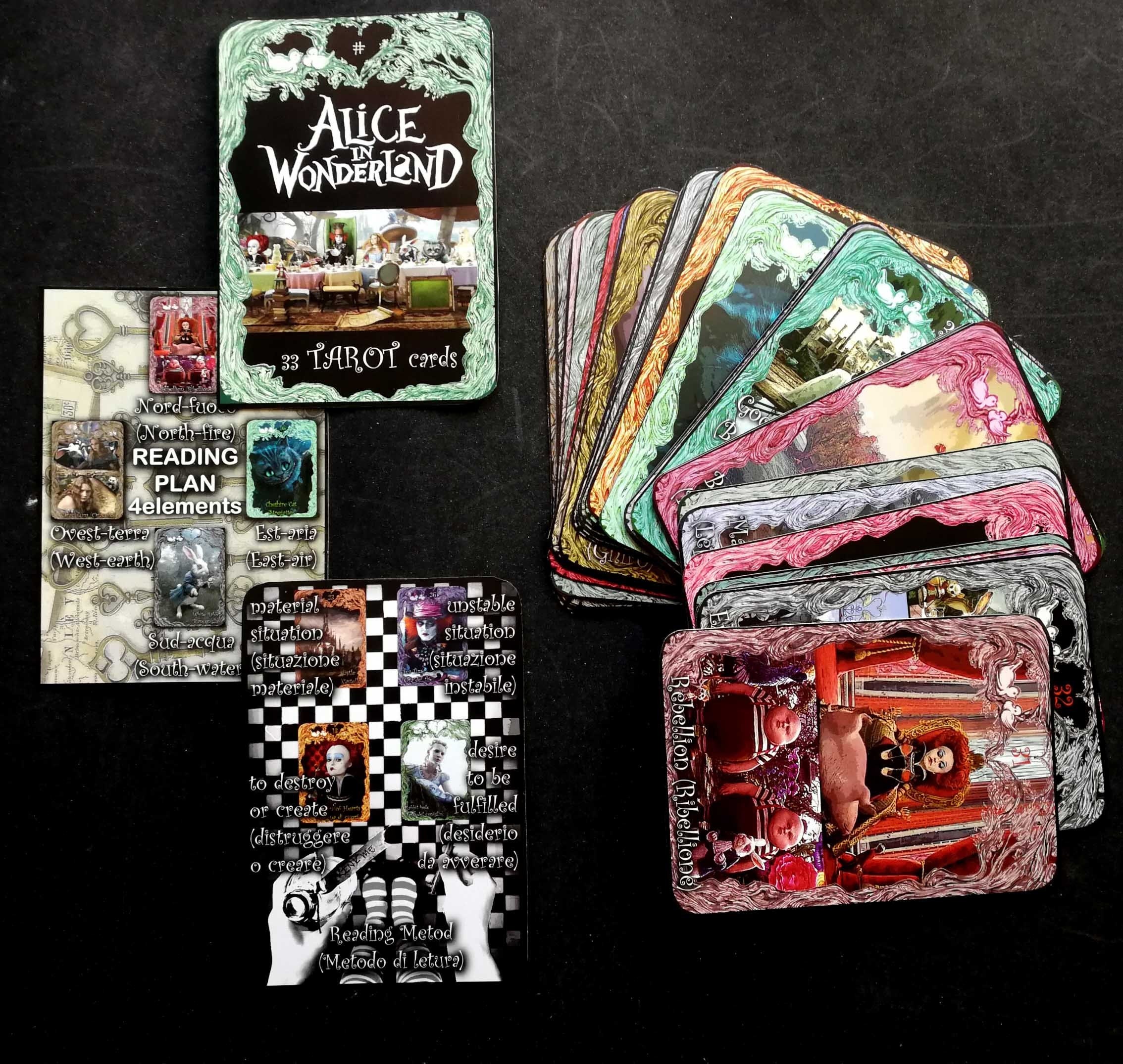 Alice in the Wonderland Tarot, White Rabbit with Cheshire Cat, Queen of Hearts and White Queen, Mad Hatter Dodo Dormouse