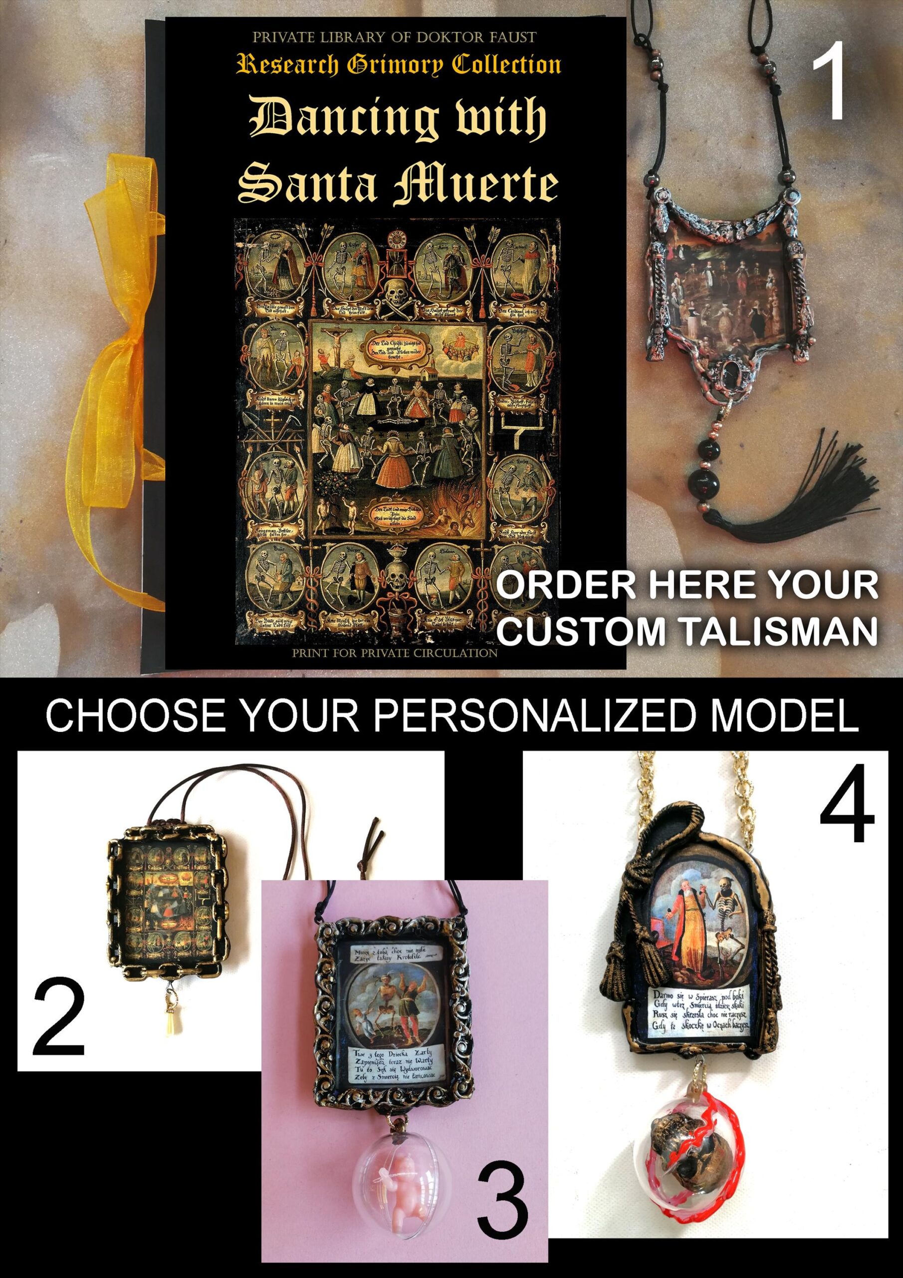 La Santa Muerte, Macabre Dance Immortality Talisman Necklace, Witch Jewelry Skull Amulet Angel of Dead Witchcraft Voodoo
