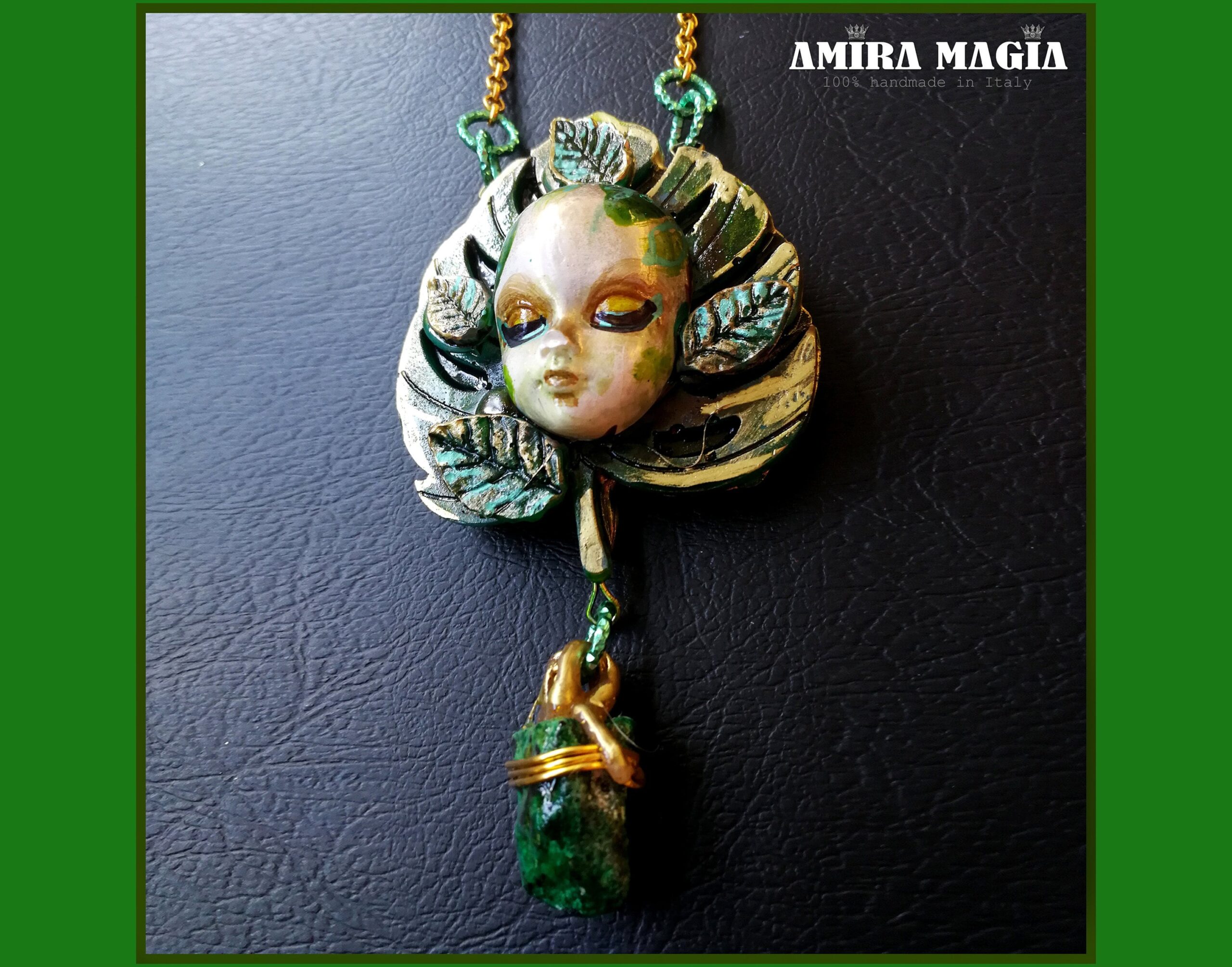 Green Witchcraft, Wicca Symbol Pendant Celtic Magic Talisman, Four Leaf Clover Necklace Witch Amulet
