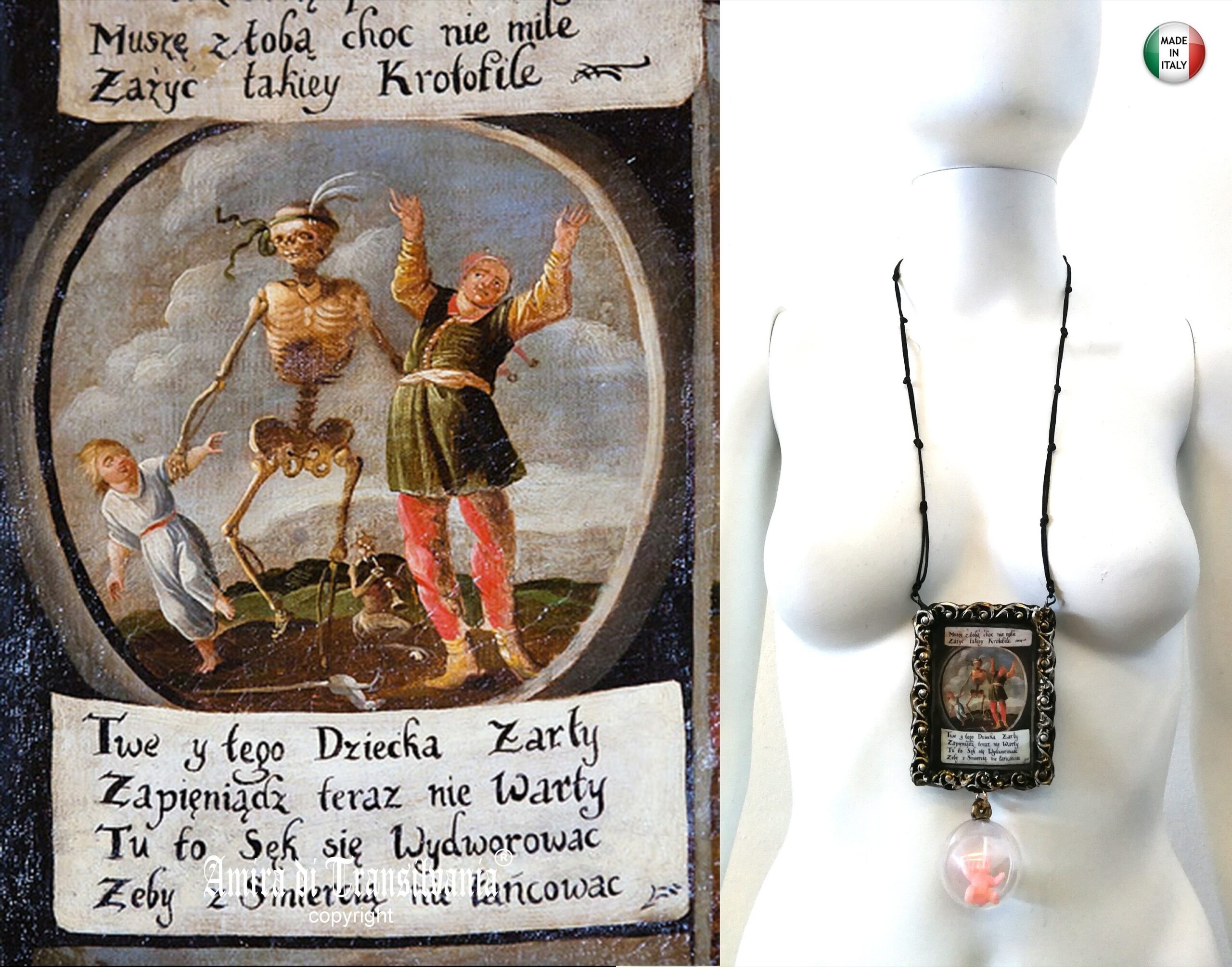 La Santa Muerte, Macabre Dance Hoodoo Talisman Necklace, Spooky Witch Skull Skeleton Gothic Amulet