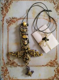 Gold Cross Necklace, Key Magic Talisman Witchcraft Symbols Pendant, Necronomicon Seal Sigil, Wooden Crux