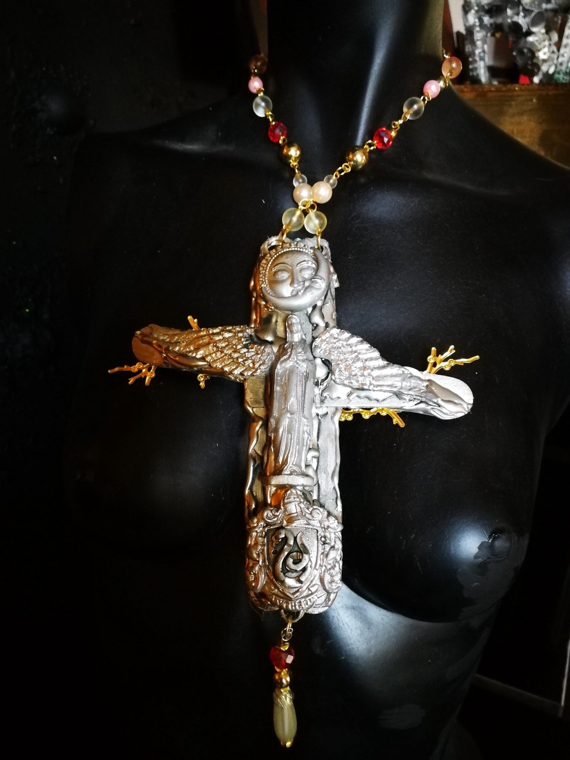 Alchemy Cross Pendant, Sun & Moon Amulet Necklace, Magic Talisman Religious Symbol, Esoteric Jewelry Madonna
