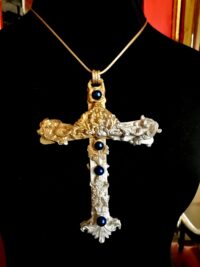 Gold Cross Necklace, Key Magic Talisman Witchcraft Symbols, Shamanic Pendant Shaman Amulet Wooden Crux