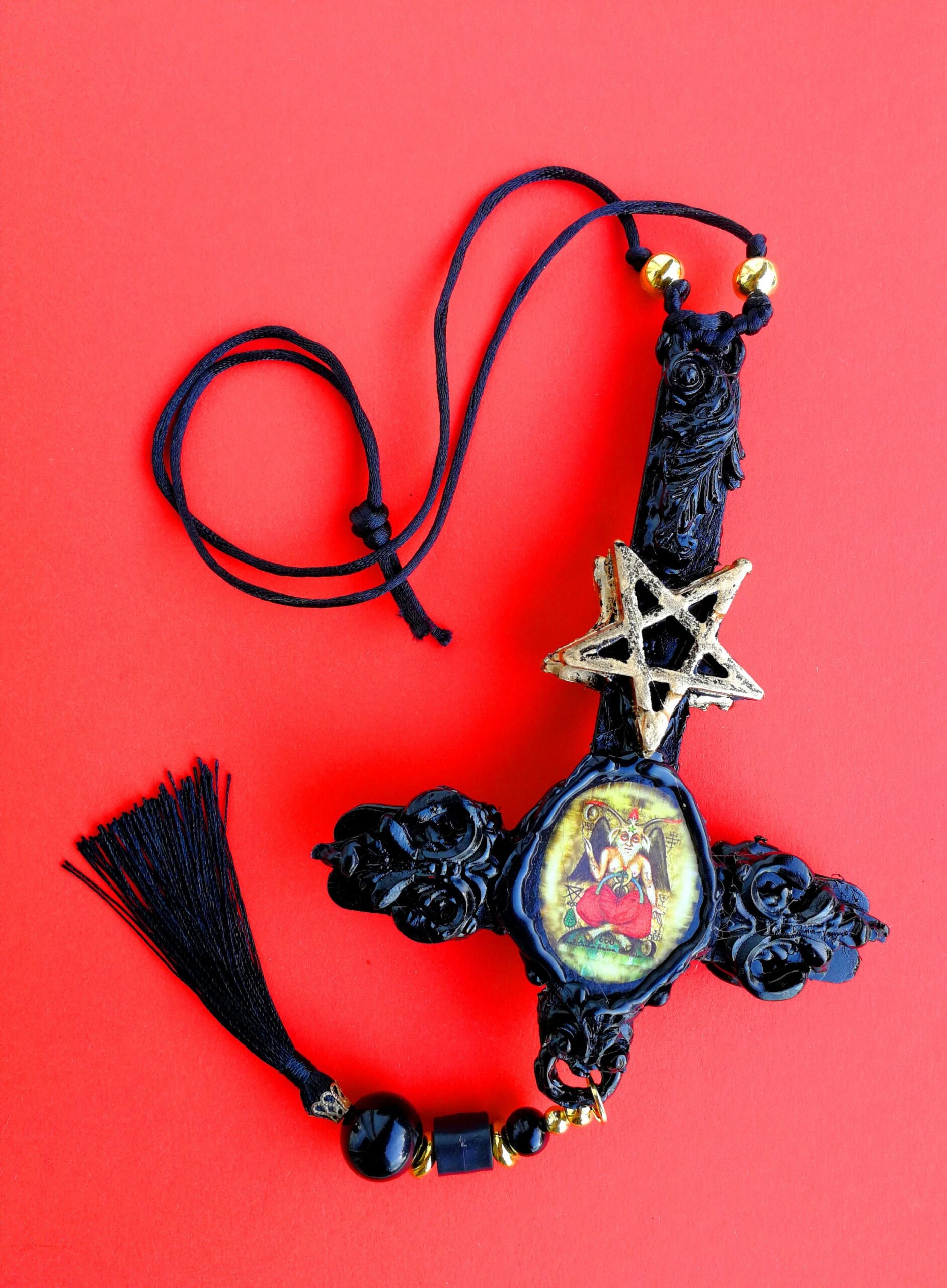 Satanic Necklace, Baphomet Upside Down Cross, Antichrist Inverted Cross, Occult Symbols, 666, Sigil of Lucifer Satan