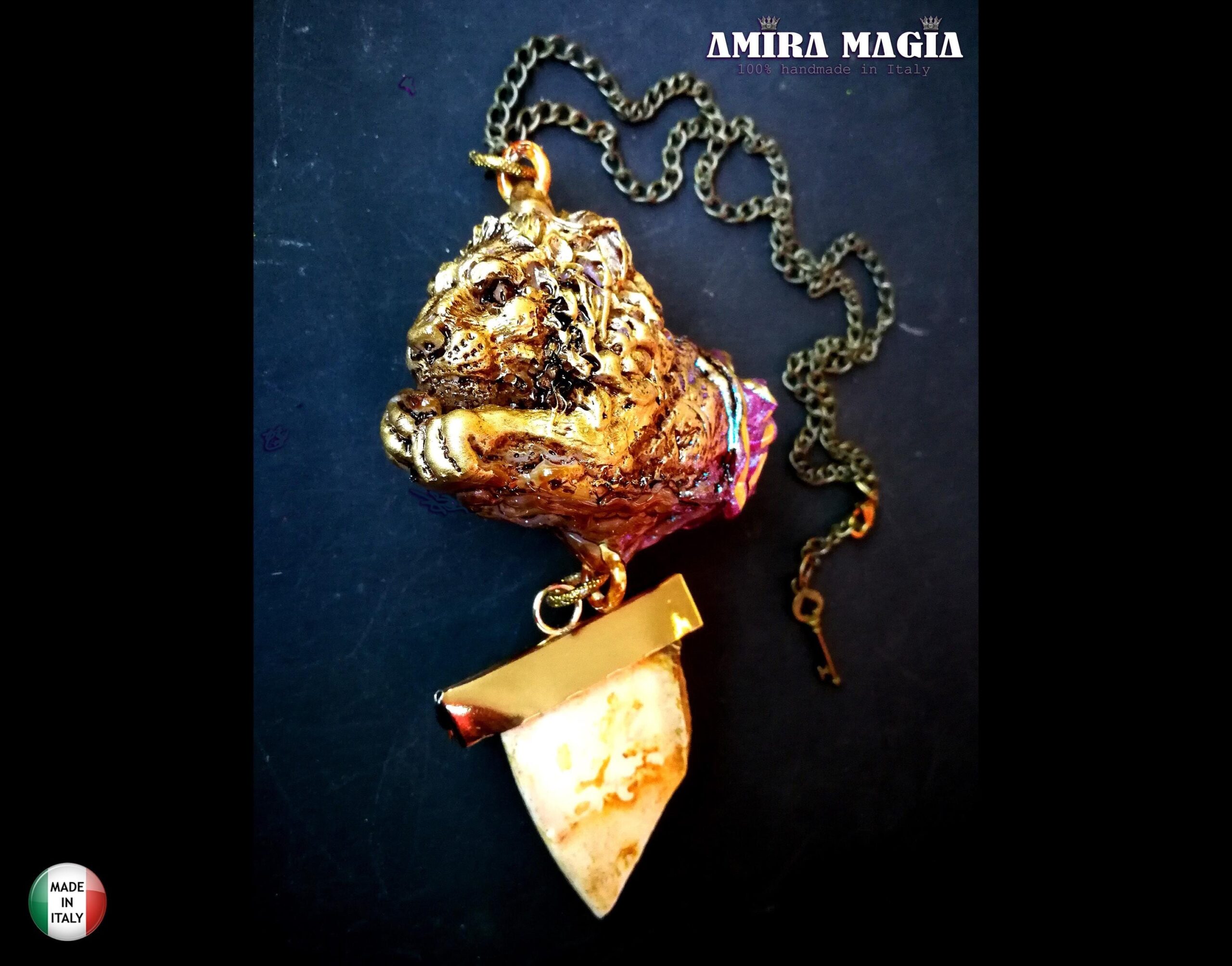 Golden Lion Amulet , Dandelion Rock Uncut Gemstone Pendant, Dantalion Magic Portal Raw Stone Magnetism