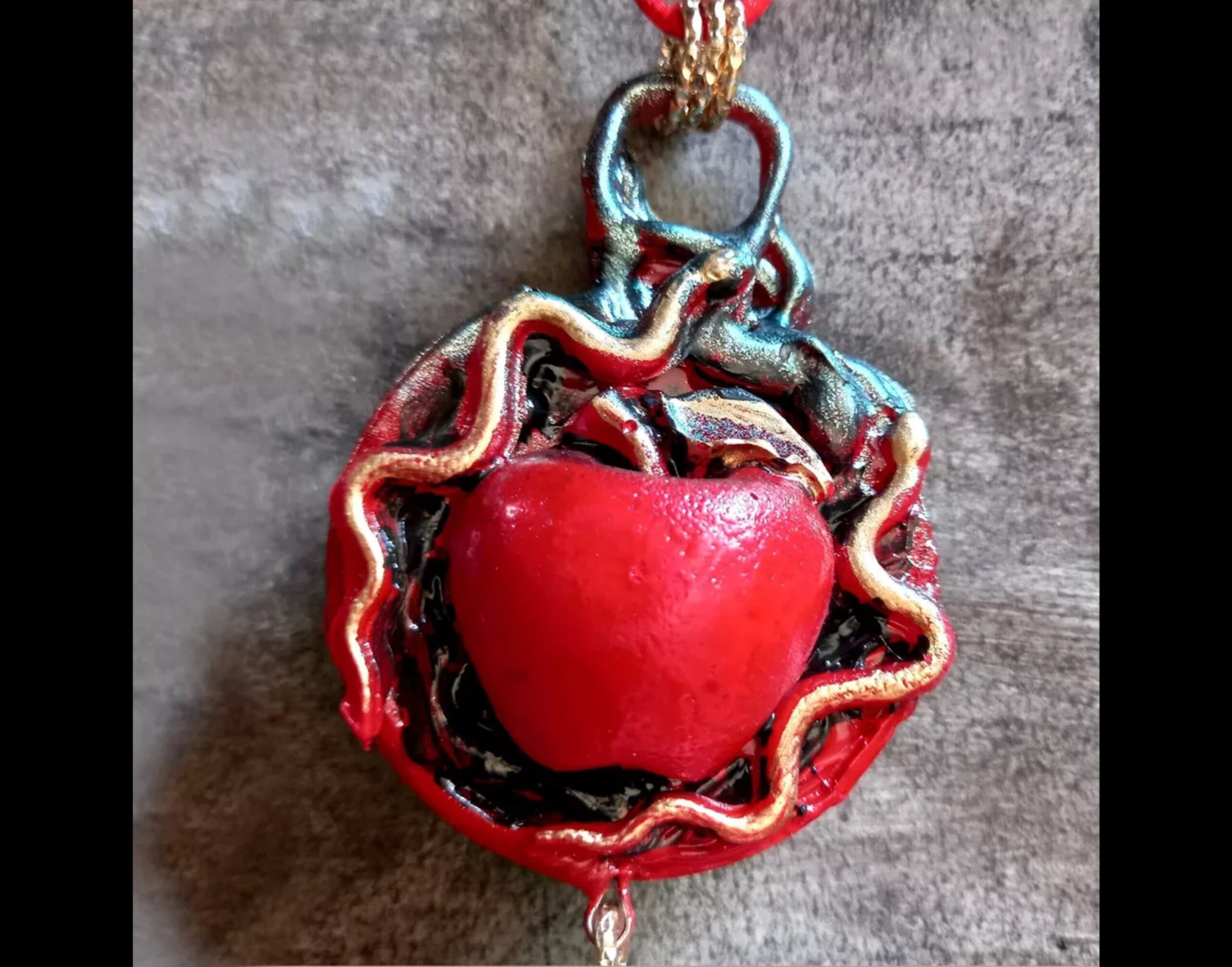 Gold Snake Necklace & Red Apple Jewelry, Art Nouveau Pendant, Art Deco Amulet Charm, Polymer Clay Adam and Eve Heaven