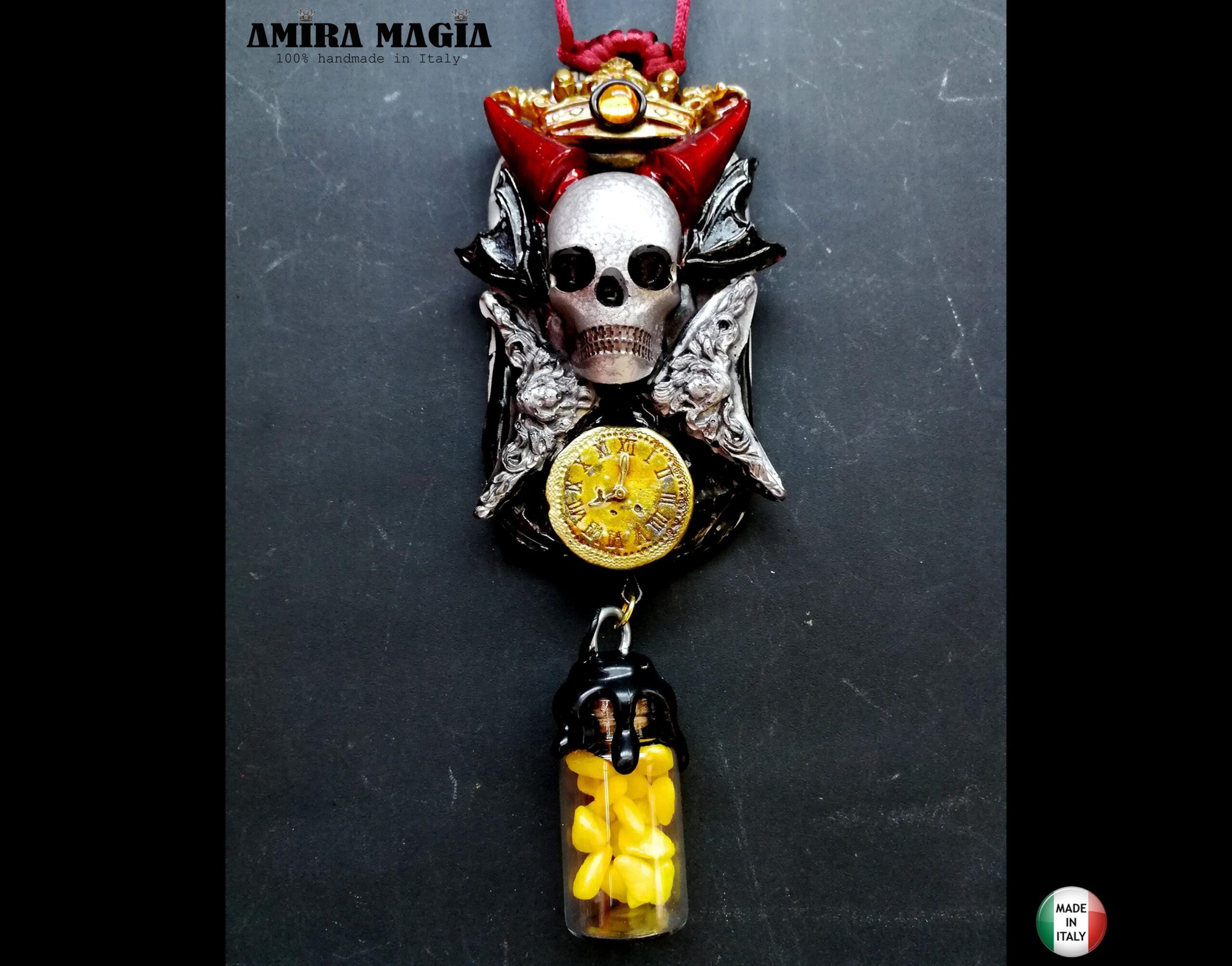 Fallen Angel, Urn Amulet Skull Skeleton, Djinn Talisman Alchemy Symbol, Devil Horn Pendant Necklace