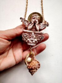 Guardian Angel, Winged Cherubim Protection Pendant, Magic Talisman Protective, Archangel Cherub Amulet Capital Shell