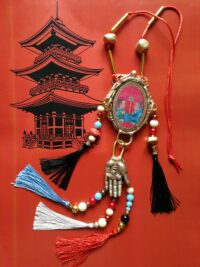 Buddhist Necklace Oriental Talisman, Asian Ethnic Pendant Jewelry, Buddha Tribal Folk Regional Boho Jewelery Feather Bib