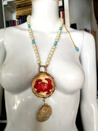 Zodiac Symbol, Cancer Astrology Sign, Water Creature Red Crab Conch Shell Pearl, Necklace Talisman Pendant Symbol Scarab