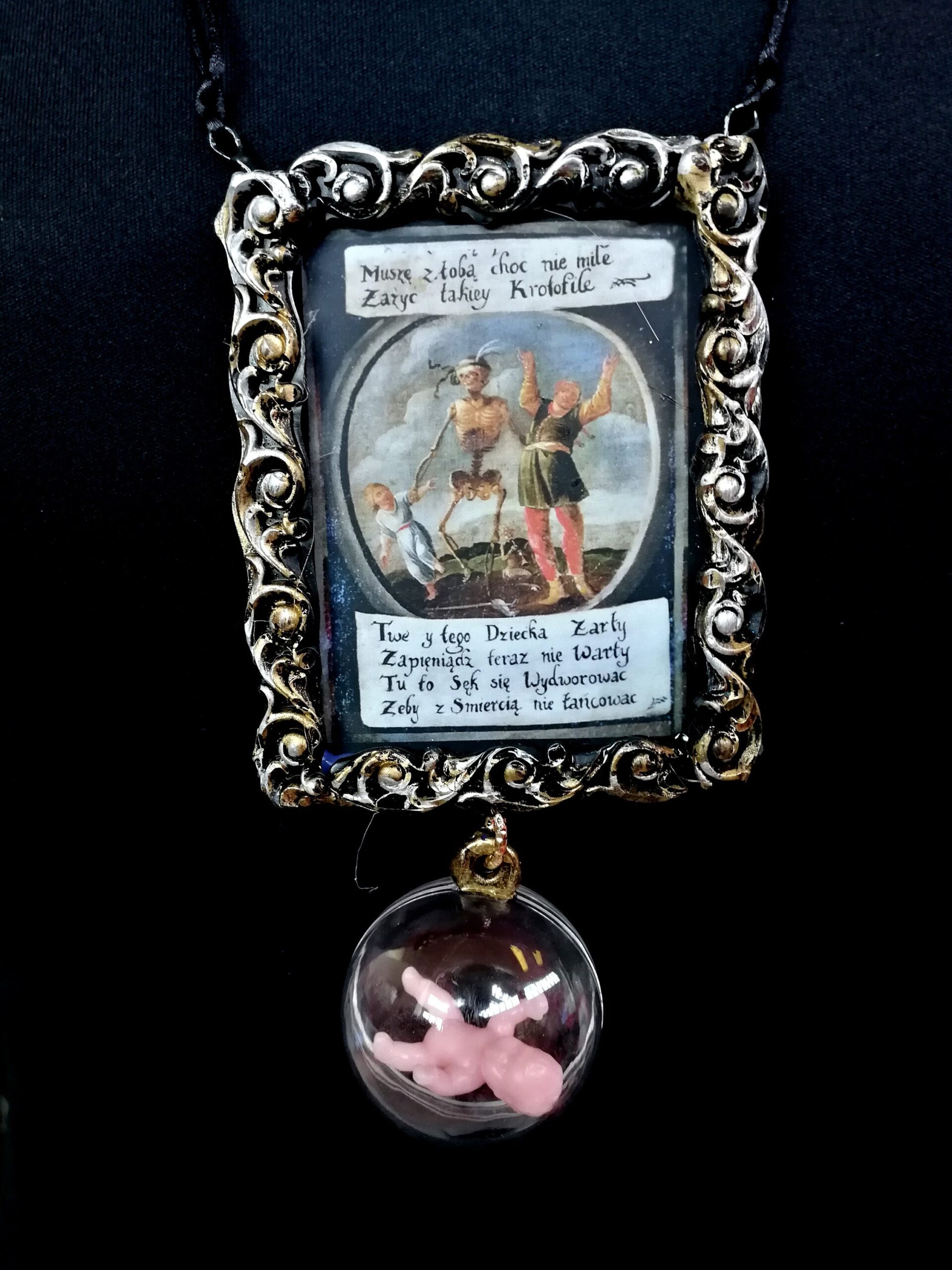 La Santa Muerte, Macabre Dance Hoodoo Talisman Necklace, Spooky Witch Skull Skeleton Gothic Amulet