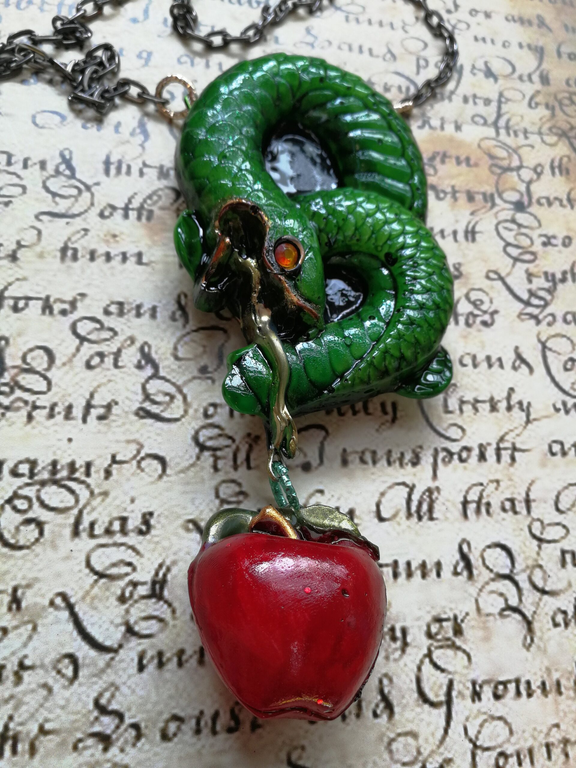 Green Snake, Red Apple Love Attraction Amulet Lucky Charm Spiritual Occult Jewelry Energy Pendant