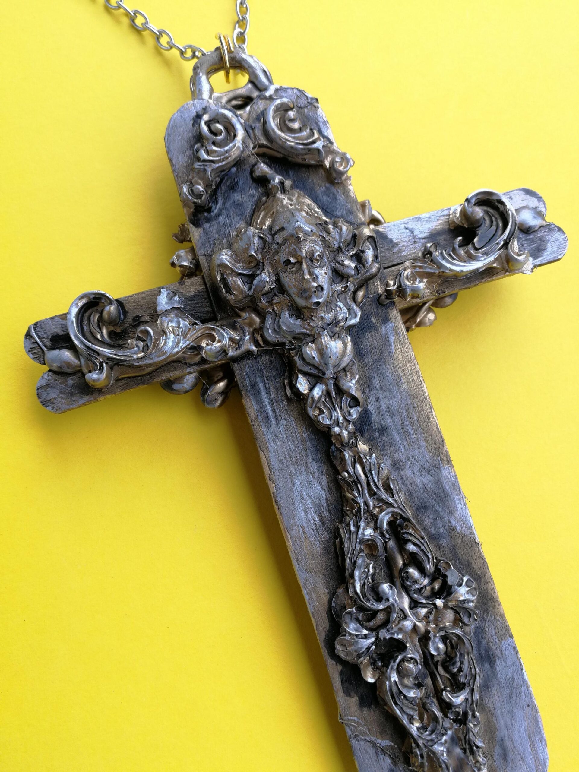 Silver Cross Necklace, Witchcraft Symbols Magic Talisman, Shamanic Pendant Shaman Witch Jewelry Wooden Crux