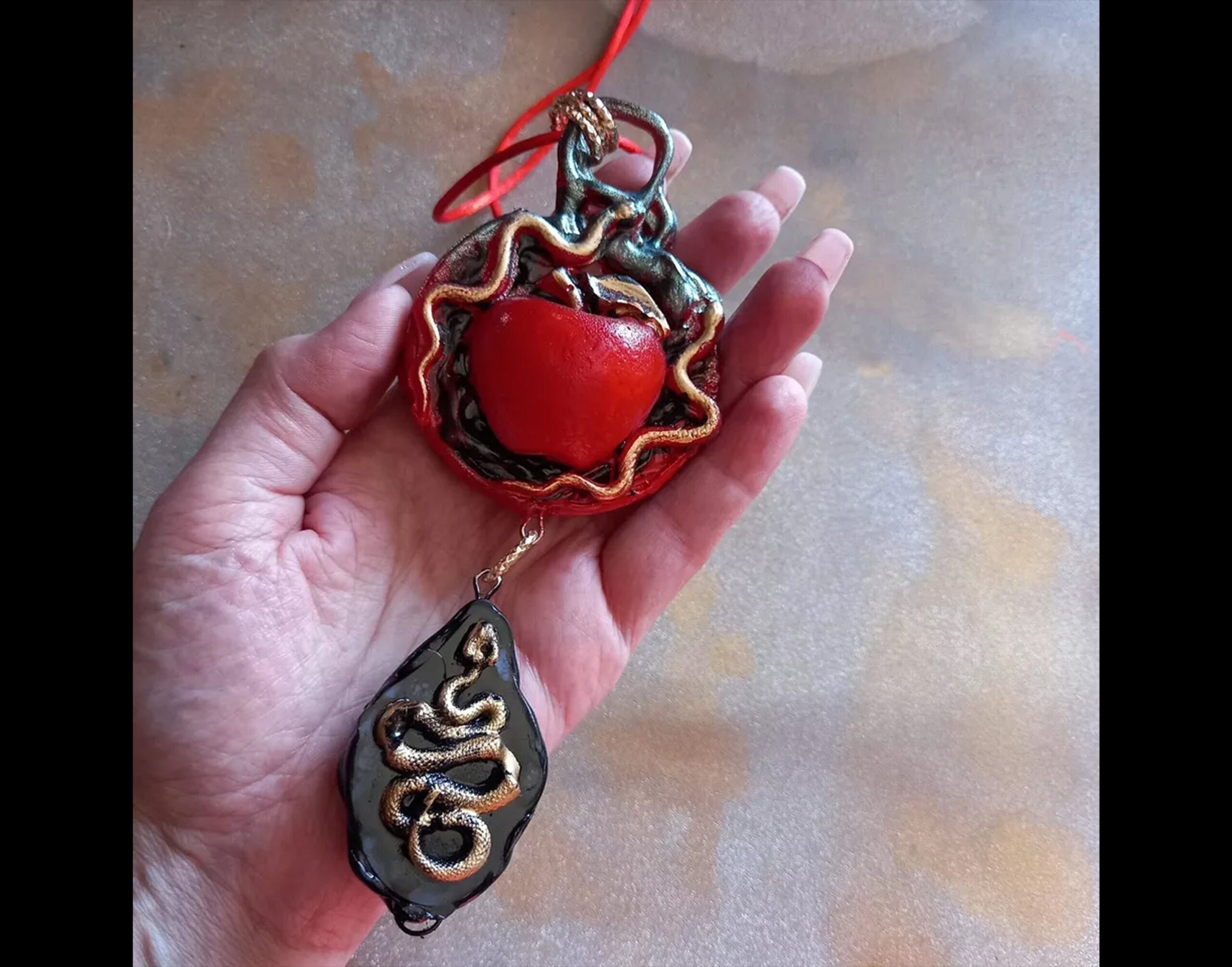 Gold Snake Necklace & Red Apple Jewelry, Art Nouveau Pendant, Art Deco Amulet Charm, Polymer Clay Adam and Eve Heaven