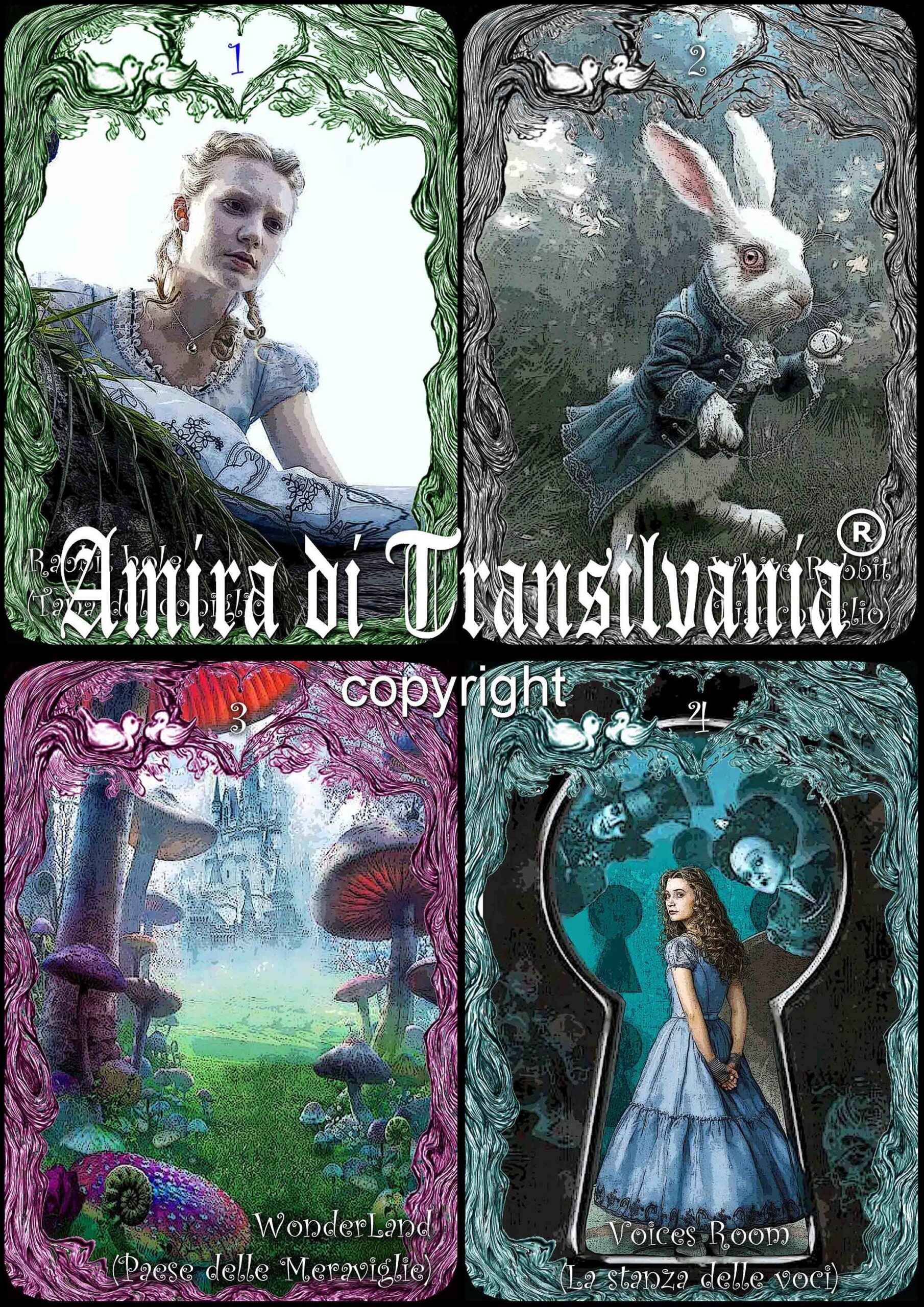 Alice in the Wonderland Tarot, White Rabbit with Cheshire Cat, Queen of Hearts and White Queen, Mad Hatter Dodo Dormouse