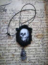 Black Mirror Amulet, Skull Necklace Witch Jewelry Antique Style, Victorian Gothic Witchcraft Talisman Pendant