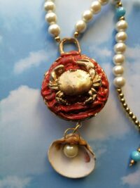 Zodiac Symbol, Cancer Astrology Sign, Water Creature Red Crab Conch Shell Pearl, Necklace Talisman Pendant Symbol Scarab