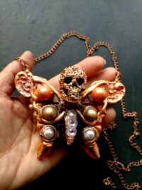 Skull Necklace Butterfly, Failed Gothic Pendant Esoteric Jewelry, Lunar Actias Luna Moth Santa Muerte