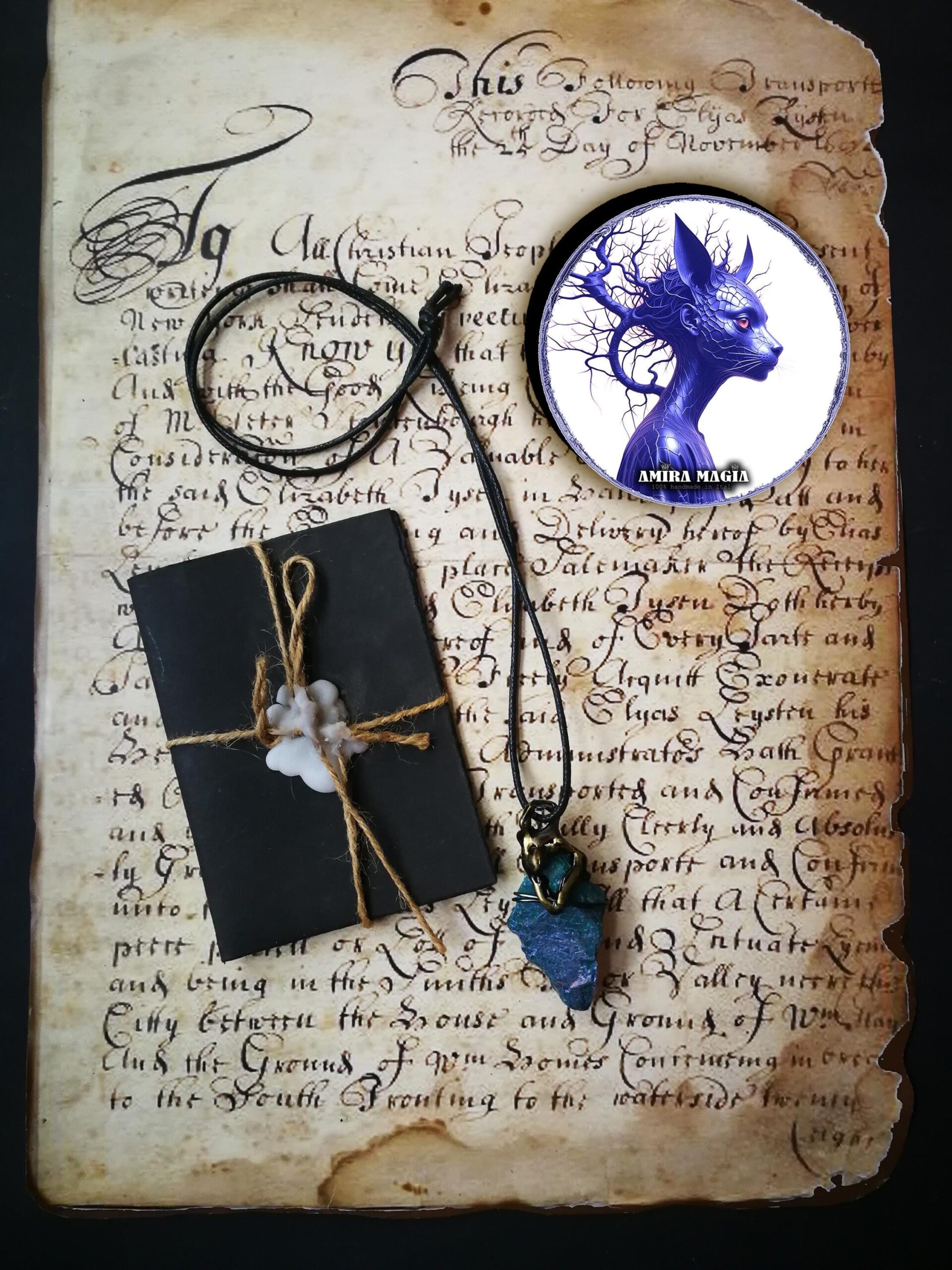 Witch Familiar, Blue Cat Ancient Spirit Companion, Uncut Gemstone Pendant Witchcraft Raw Stone Amulet