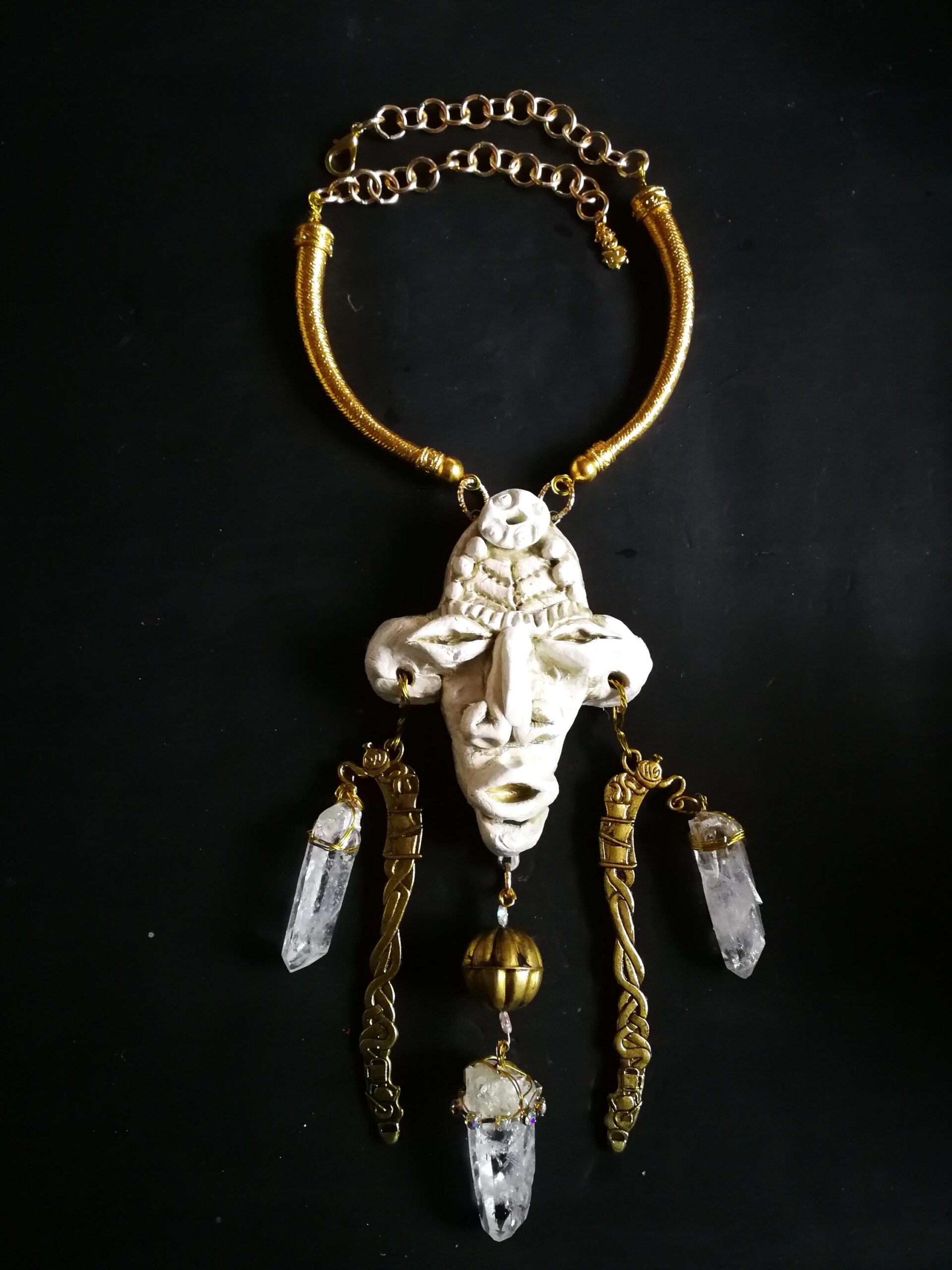 Tribal Jewelry, Rock Crystal Shaman Necklace, Native American Talisman Pendant, Ethnic Aztec Tribe Mask