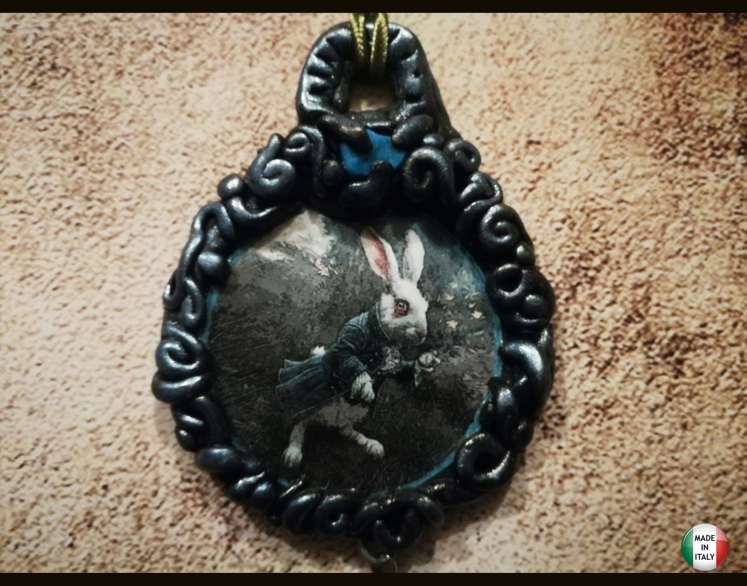 Alice in Wonderland, White Rabbit Clock Jewelry, Good Luck Talisman, Success Lucky Amulet Pendant