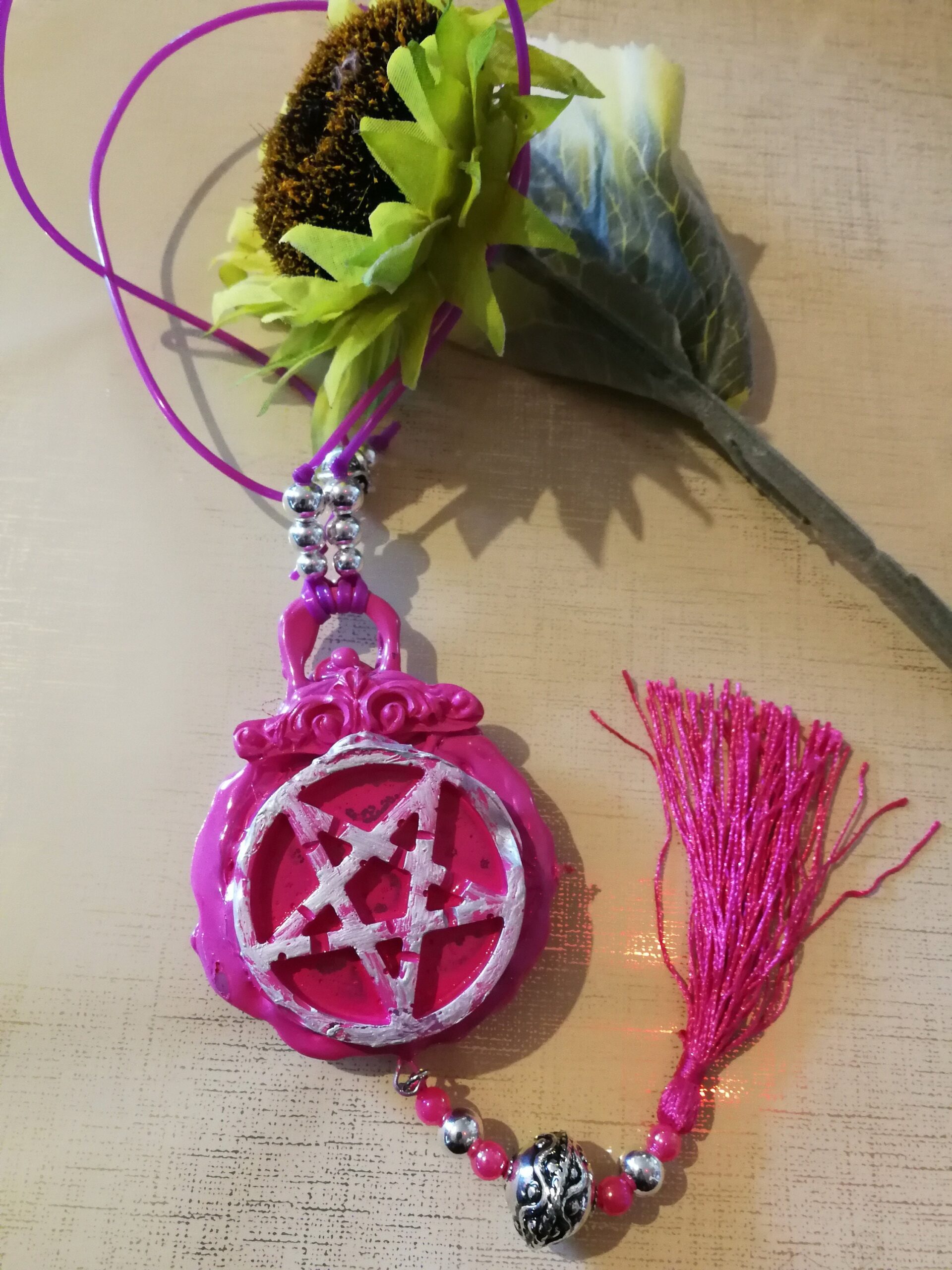 Inverted Pentagram Witchcraft Symbol, Evil Eye Pendant Talisman, Gothic Jewelry, Aeonium Pink Witch 33