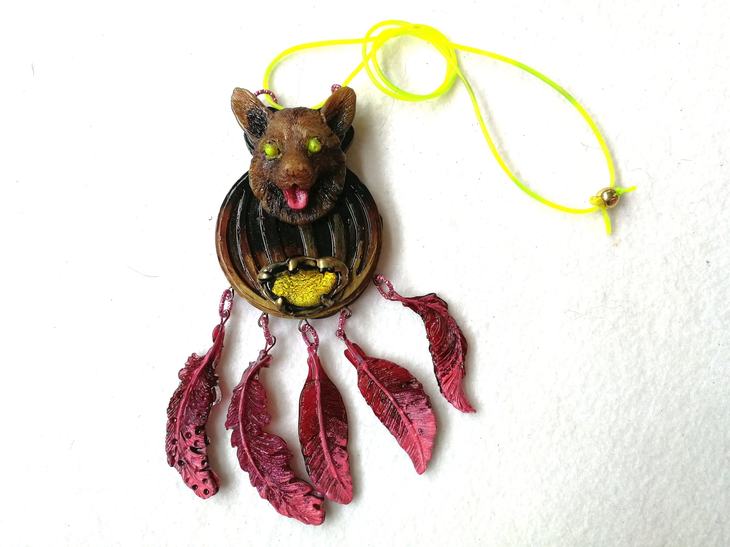 Dream Catcher Necklace Talisman, Evil Eye Protection Brown Bear Pendant, Spirit Guide Native American Amulet Shaman Drum