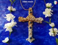Gold Cross Necklace, Key Magic Talisman Witchcraft Symbols, Shamanic Pendant Shaman Amulet Wooden Crux