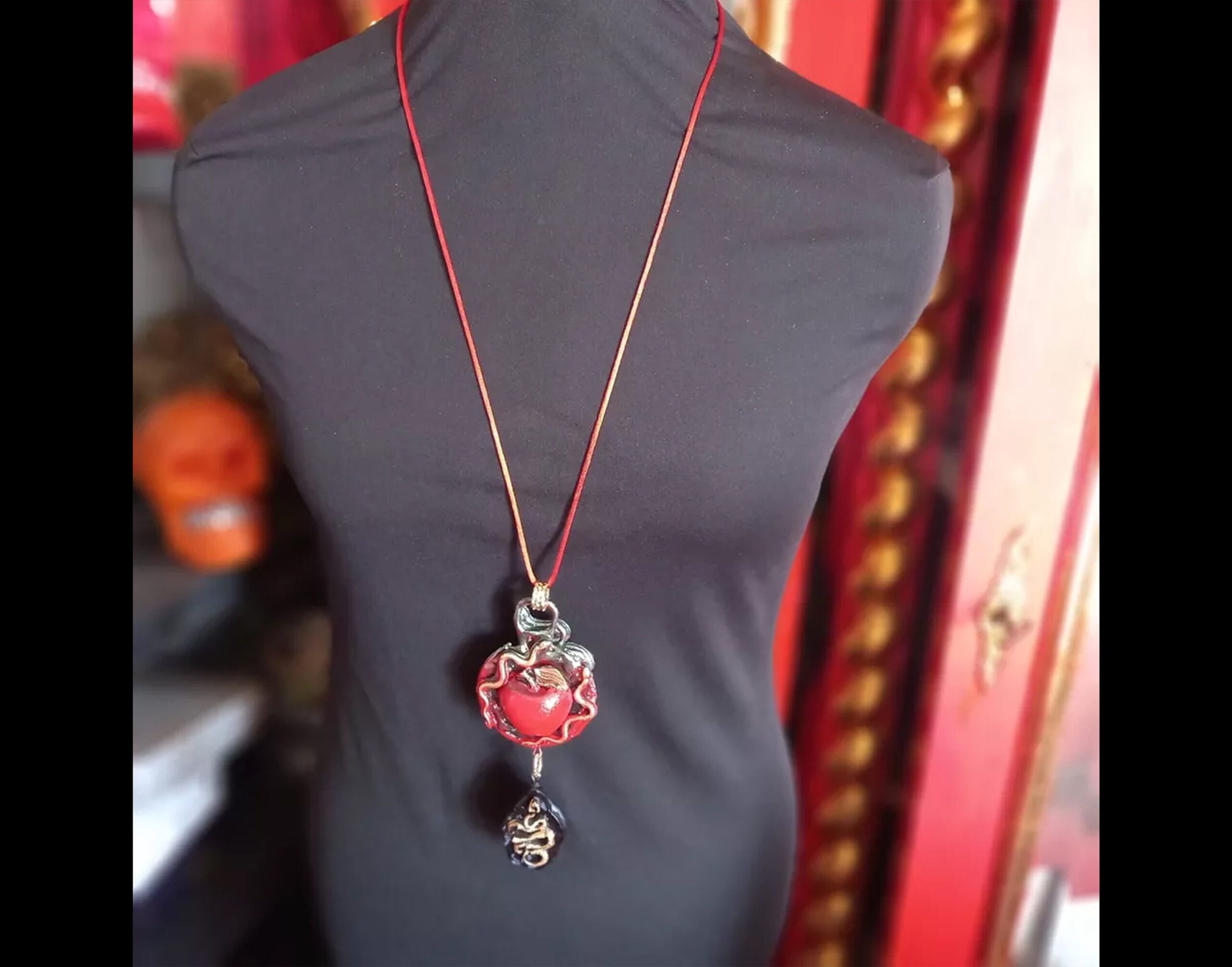 Gold Snake Necklace & Red Apple Jewelry, Art Nouveau Pendant, Art Deco Amulet Charm, Polymer Clay Adam and Eve Heaven