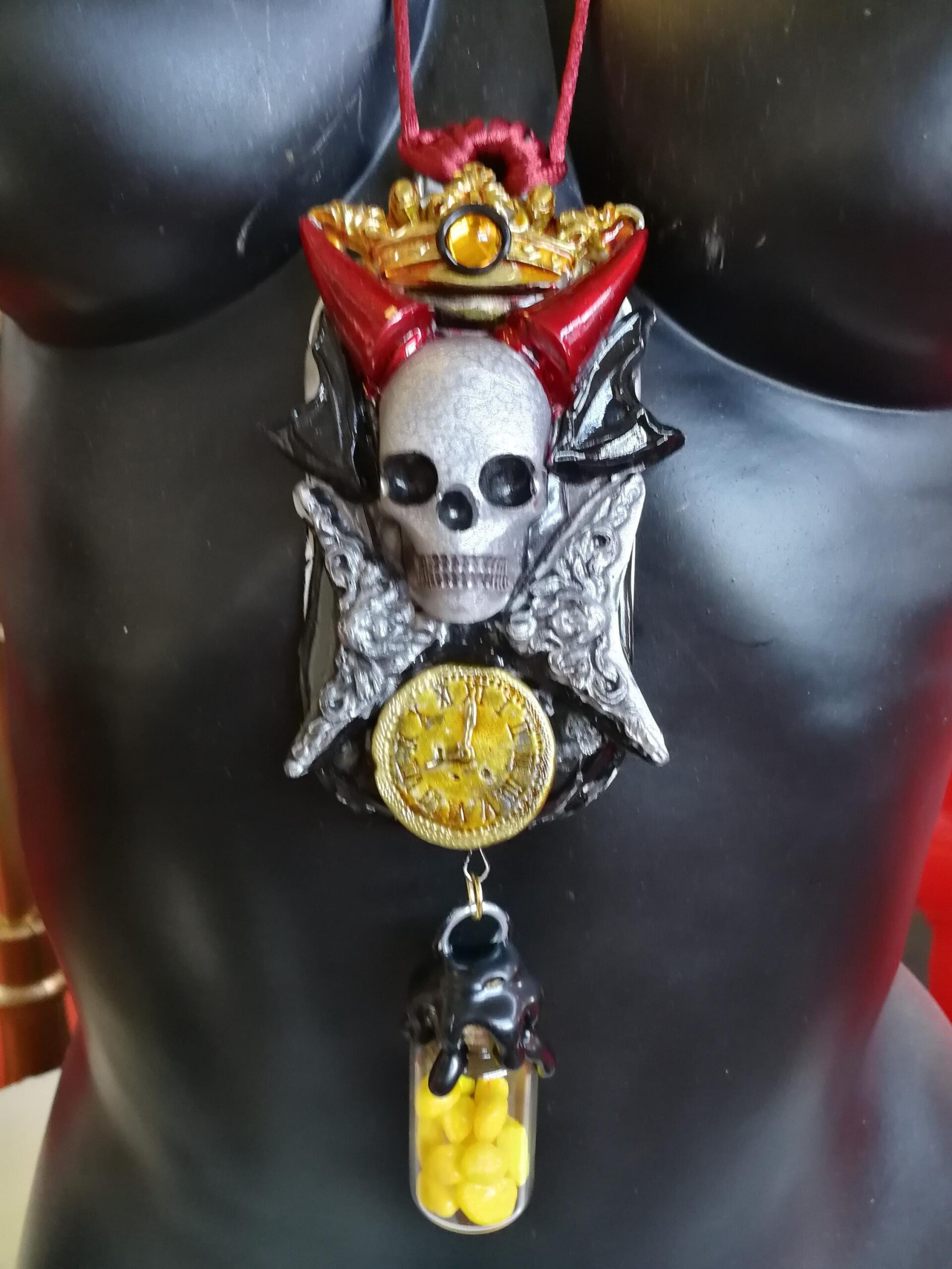 Fallen Angel, Urn Amulet Skull Skeleton, Djinn Talisman Alchemy Symbol, Devil Horn Pendant Necklace