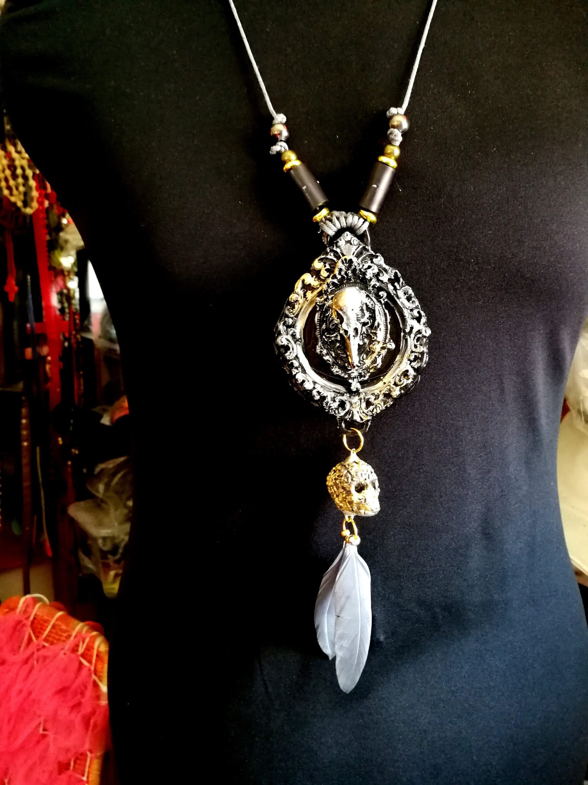 Crow Skull, Gothic Talisman Black Raven, Punk Rave Necklace Jewelry, Goth Jewel Skull, Owl Feather Witch Amulet Pendant